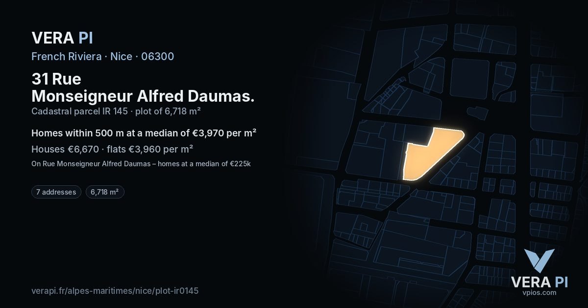 31 Rue Monseigneur Alfred Daumas, Nice at night – the plot lit, the parcels around coloured by the prices near them