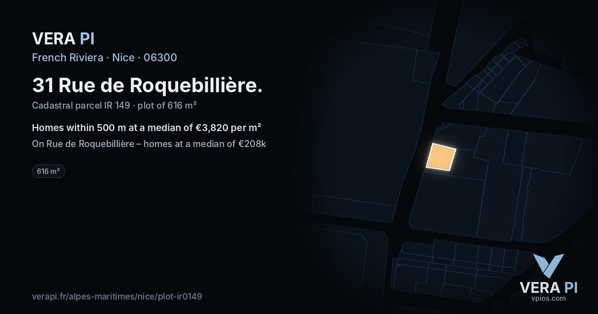 31 Rue de Roquebillière, Nice at night – the plot lit, the parcels around coloured by the prices near them