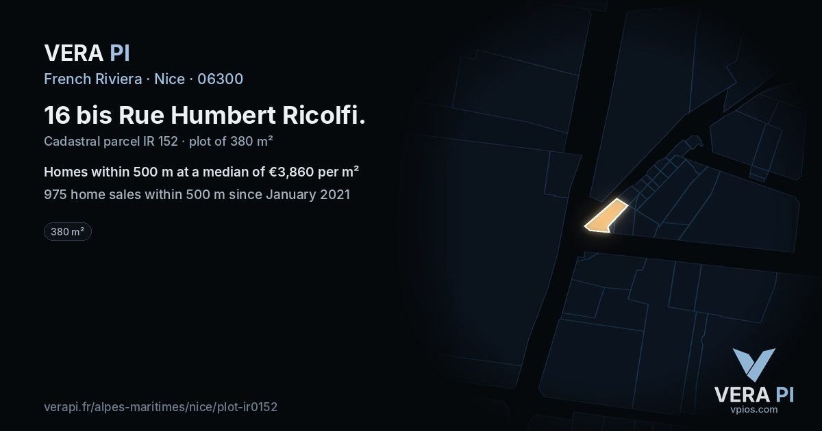 16 bis Rue Humbert Ricolfi, Nice at night – the plot lit, the parcels around coloured by the prices near them