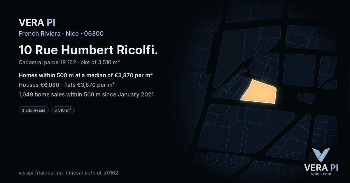 10 Rue Humbert Ricolfi, Nice at night – the plot lit, the parcels around coloured by the prices near them