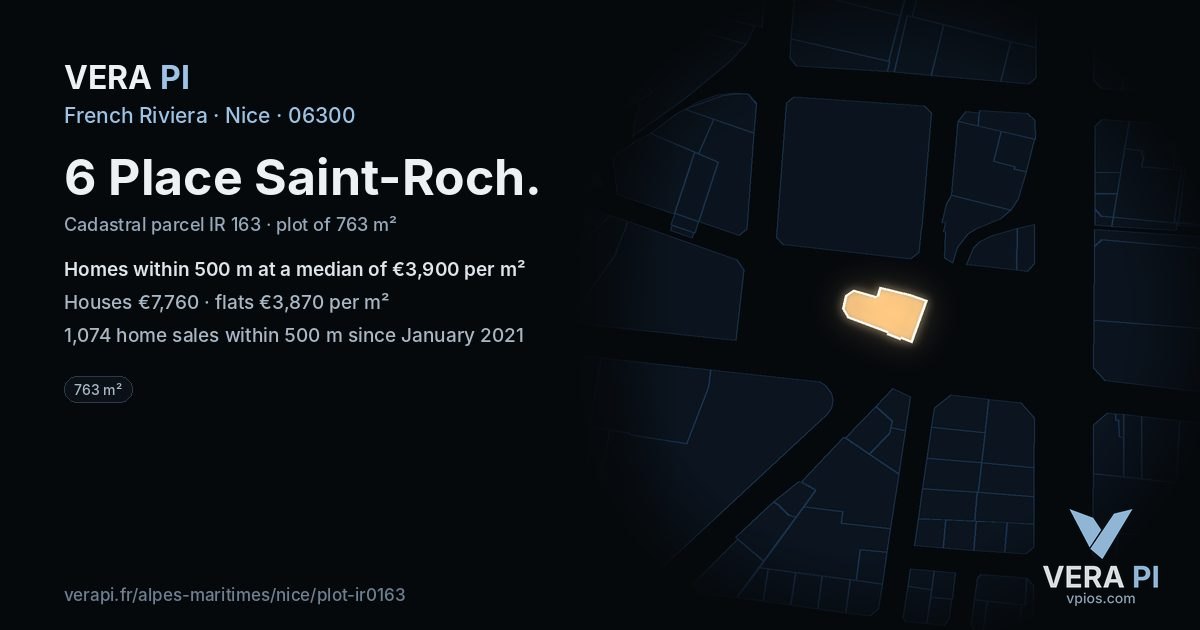 6 Place Saint-Roch, Nice at night – the plot lit, the parcels around coloured by the prices near them