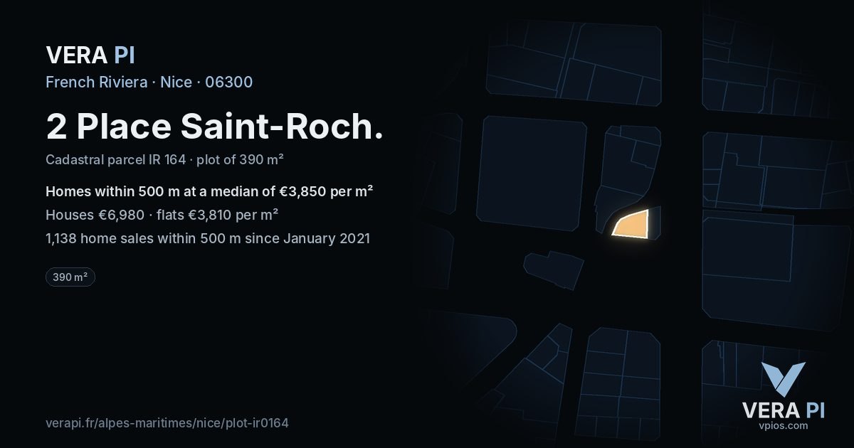 2 Place Saint-Roch, Nice at night – the plot lit, the parcels around coloured by the prices near them