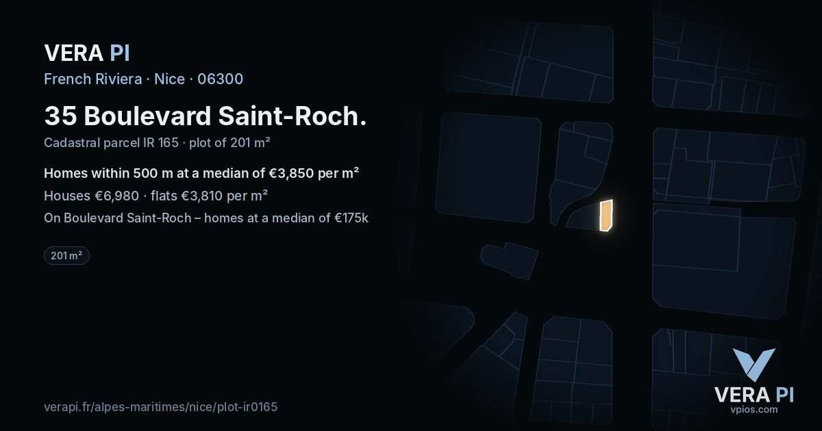 35 Boulevard Saint-Roch, Nice at night – the plot lit, the parcels around coloured by the prices near them