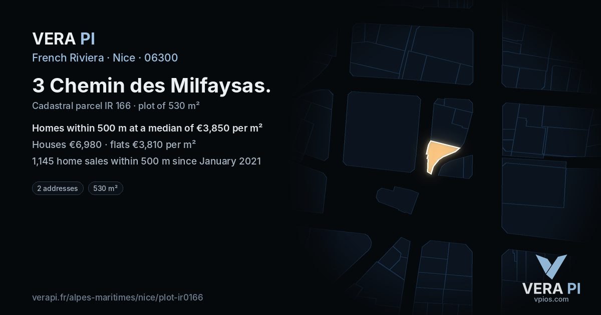 3 Chemin des Milfaysas, Nice at night – the plot lit, the parcels around coloured by the prices near them
