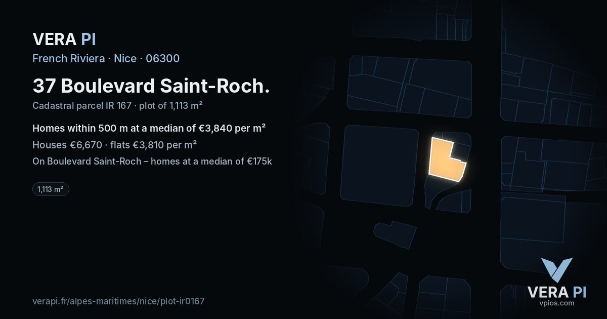 37 Boulevard Saint-Roch, Nice at night – the plot lit, the parcels around coloured by the prices near them