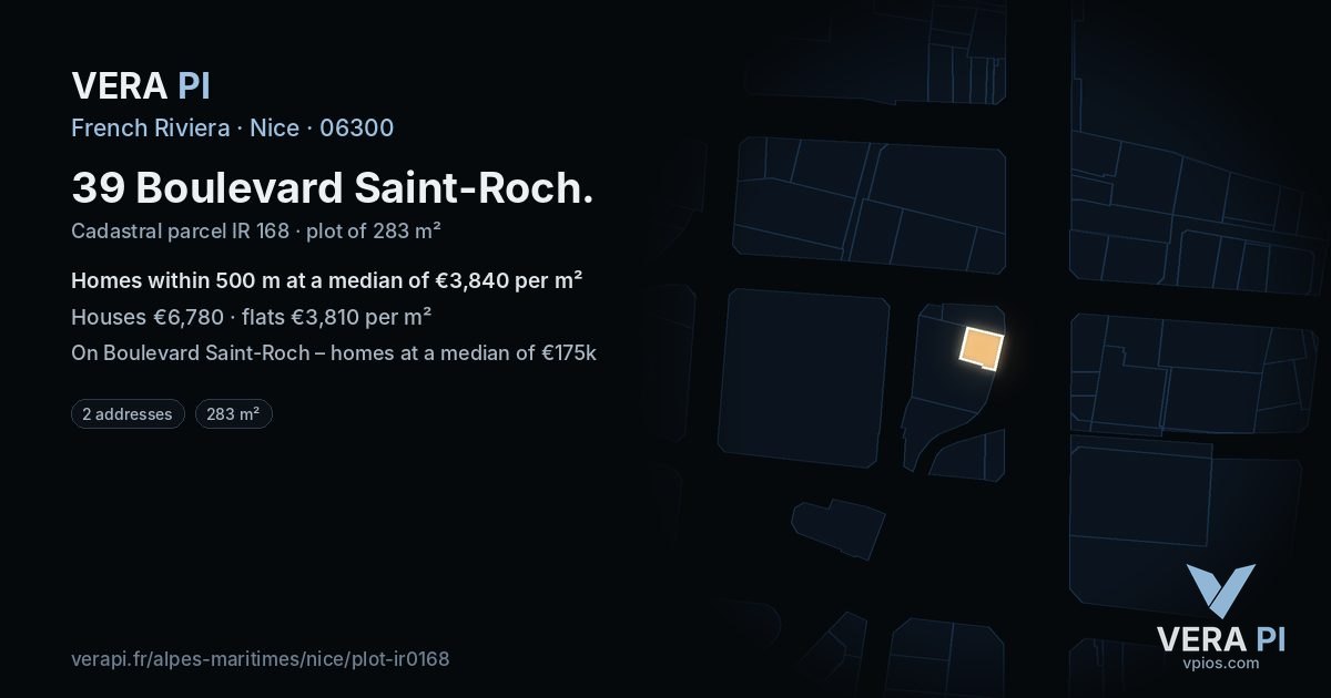 39 Boulevard Saint-Roch, Nice at night – the plot lit, the parcels around coloured by the prices near them