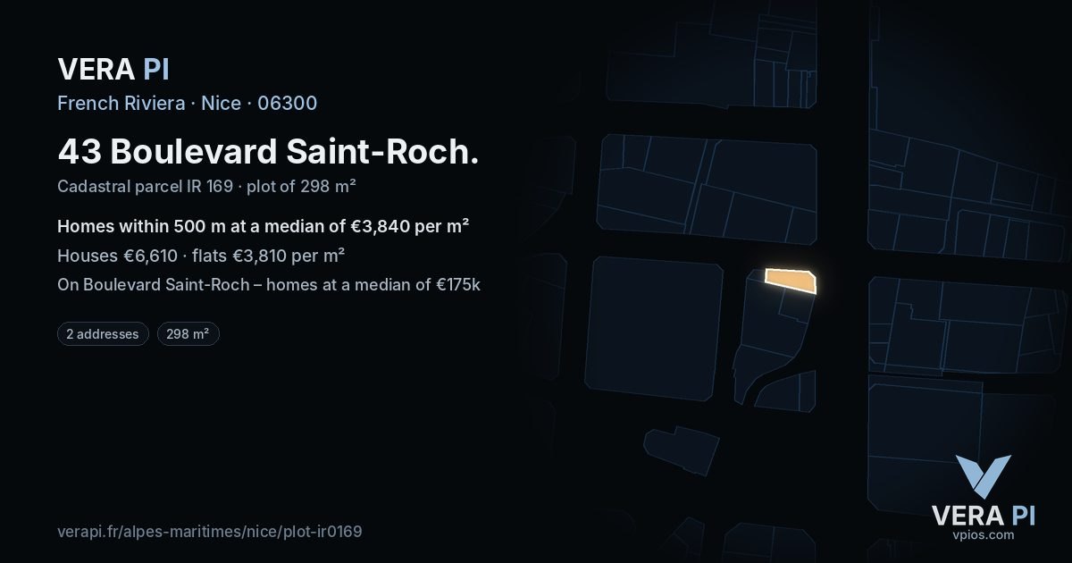43 Boulevard Saint-Roch, Nice at night – the plot lit, the parcels around coloured by the prices near them
