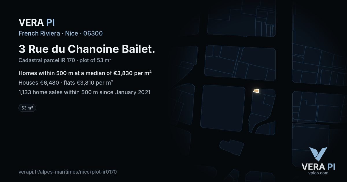 3 Rue du Chanoine Bailet, Nice at night – the plot lit, the parcels around coloured by the prices near them