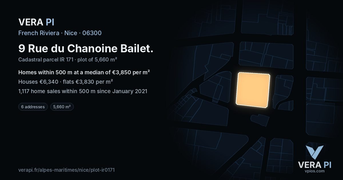 9 Rue du Chanoine Bailet, Nice at night – the plot lit, the parcels around coloured by the prices near them