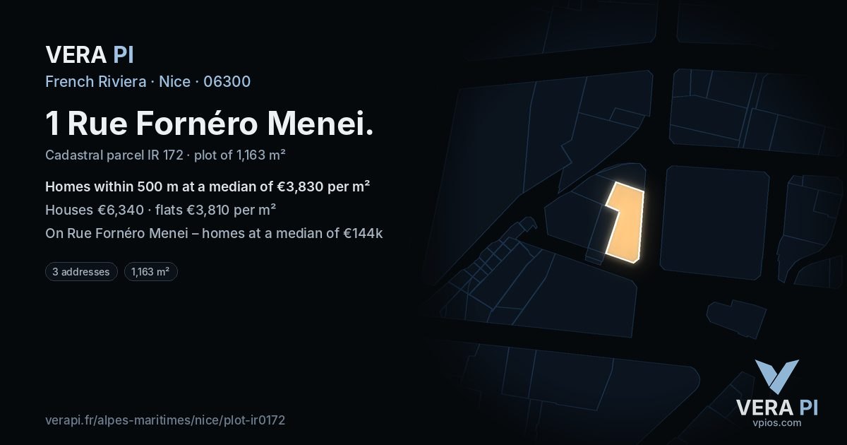 1 Rue Fornéro Menei, Nice at night – the plot lit, the parcels around coloured by the prices near them