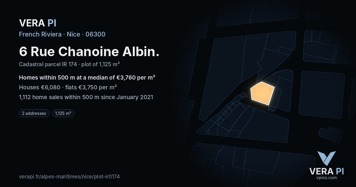 6 Rue Chanoine Albin, Nice at night – the plot lit, the parcels around coloured by the prices near them