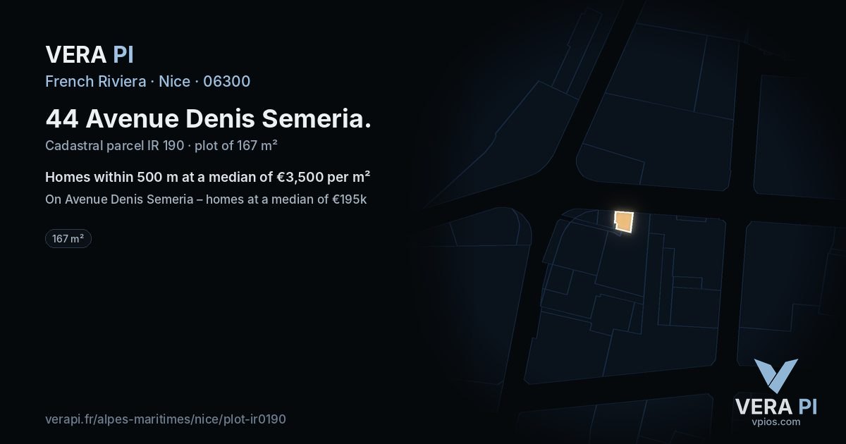 44 Avenue Denis Semeria, Nice at night – the plot lit, the parcels around coloured by the prices near them