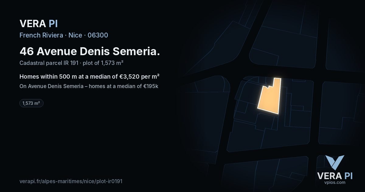 46 Avenue Denis Semeria, Nice at night – the plot lit, the parcels around coloured by the prices near them