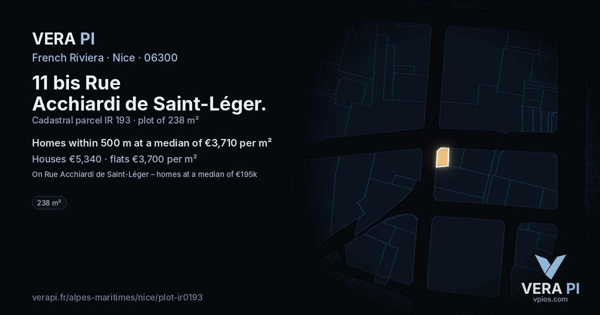 11 bis Rue Acchiardi de Saint-Léger, Nice at night – the plot lit, the parcels around coloured by the prices near them