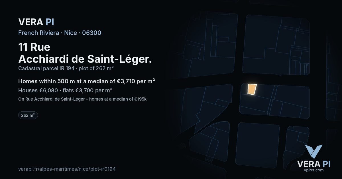 11 Rue Acchiardi de Saint-Léger, Nice at night – the plot lit, the parcels around coloured by the prices near them