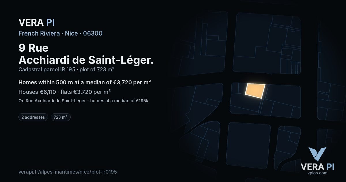 9 Rue Acchiardi de Saint-Léger, Nice at night – the plot lit, the parcels around coloured by the prices near them