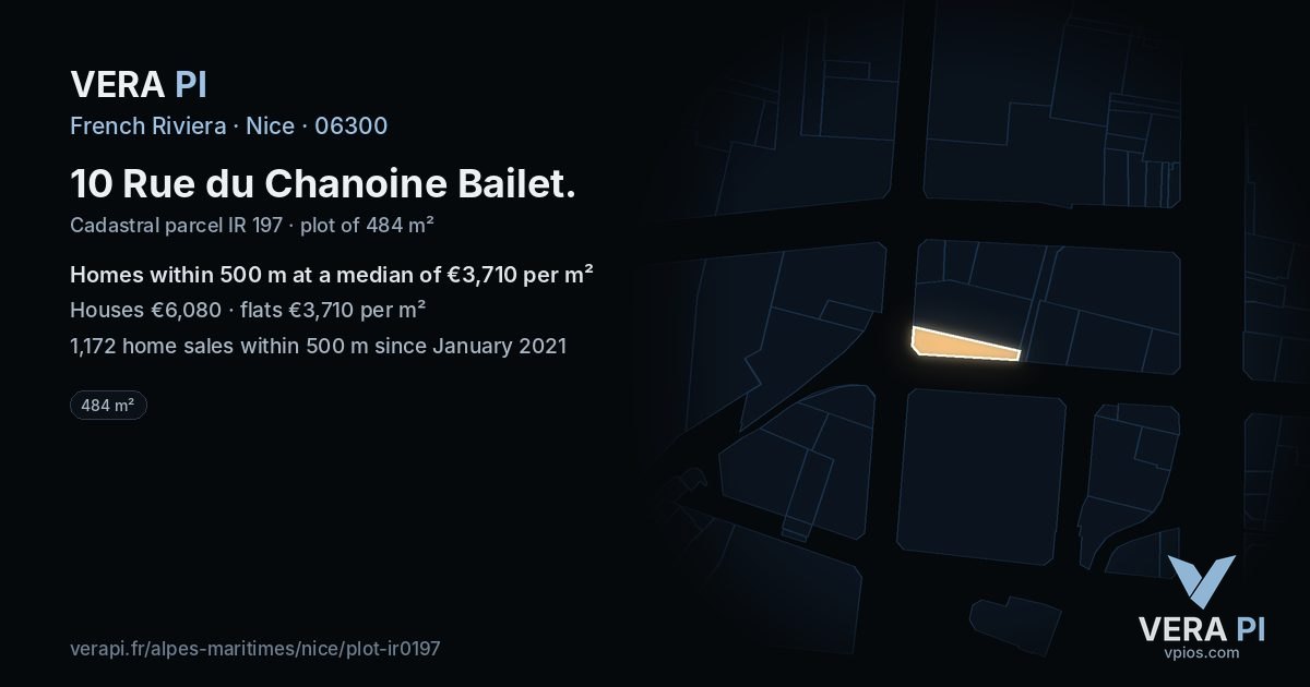 10 Rue du Chanoine Bailet, Nice at night – the plot lit, the parcels around coloured by the prices near them
