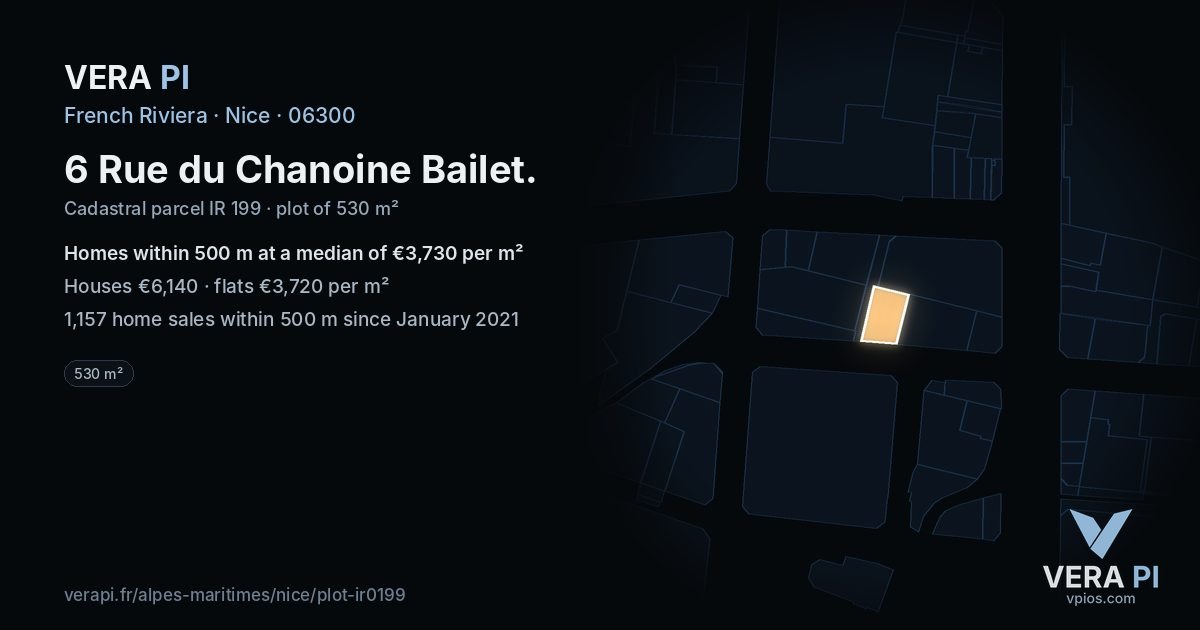 6 Rue du Chanoine Bailet, Nice at night – the plot lit, the parcels around coloured by the prices near them