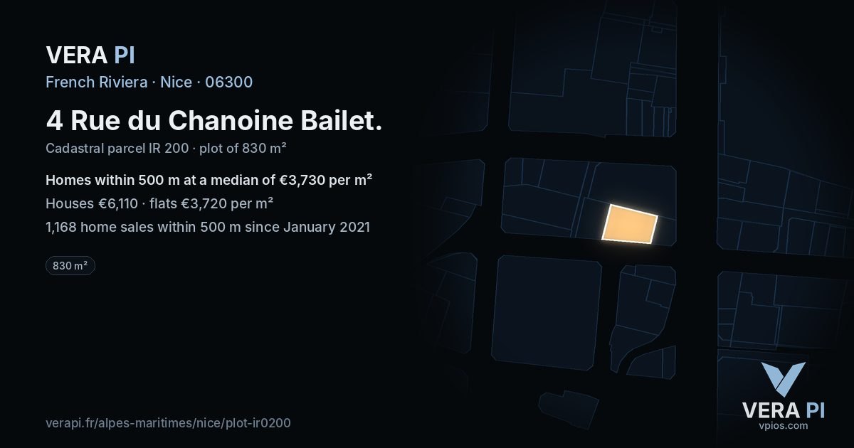 4 Rue du Chanoine Bailet, Nice at night – the plot lit, the parcels around coloured by the prices near them