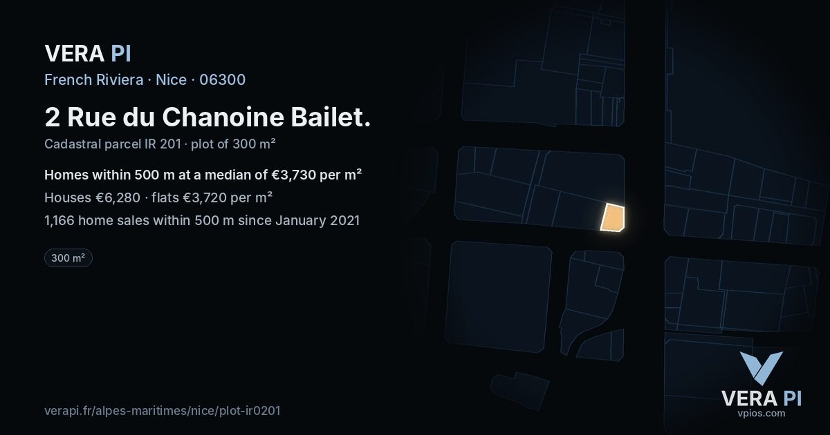 2 Rue du Chanoine Bailet, Nice at night – the plot lit, the parcels around coloured by the prices near them