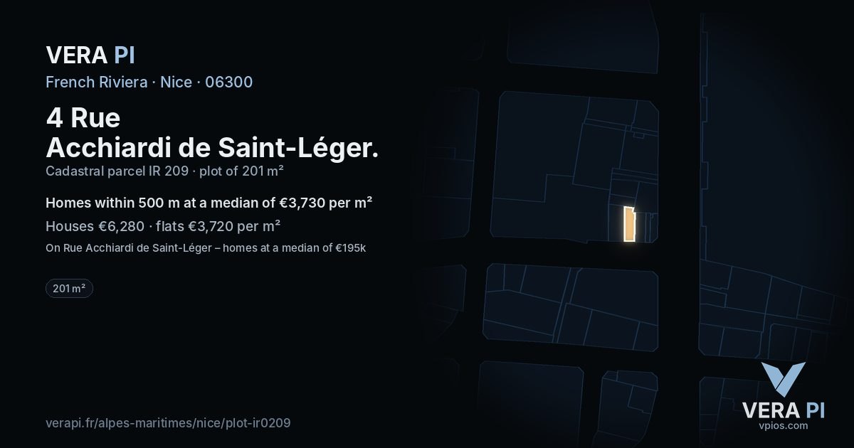 4 Rue Acchiardi de Saint-Léger, Nice at night – the plot lit, the parcels around coloured by the prices near them