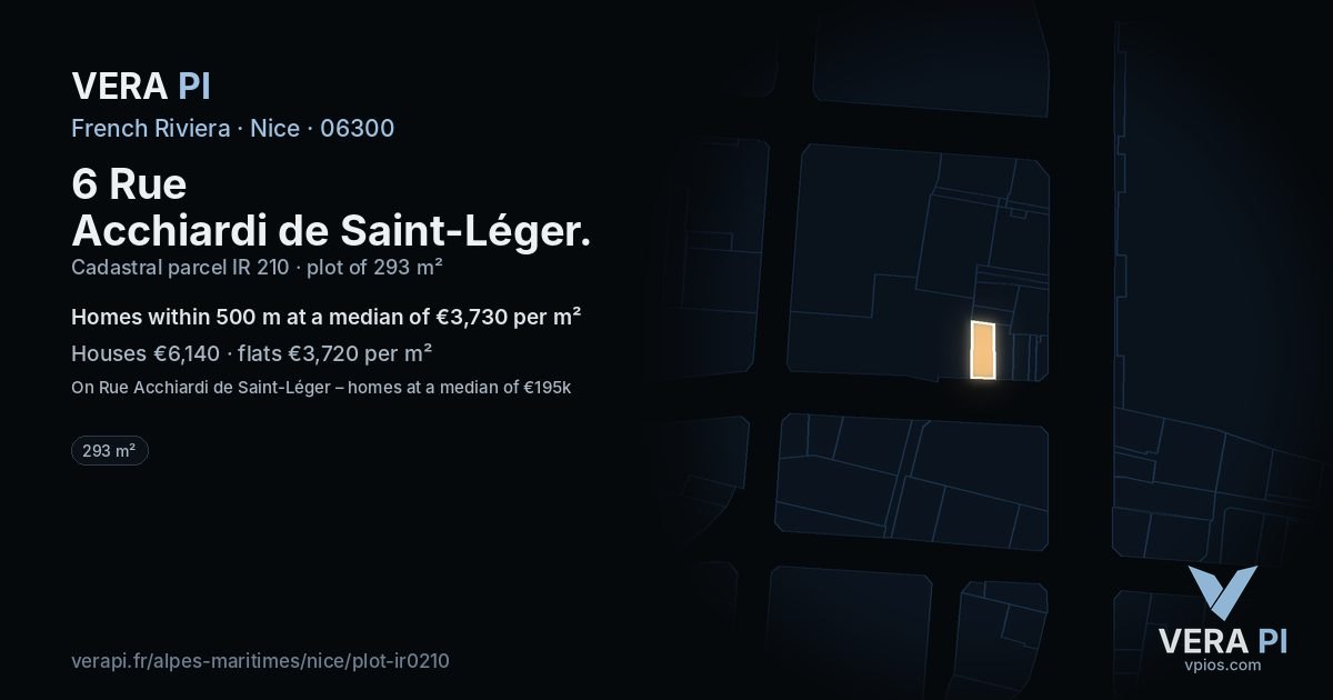 6 Rue Acchiardi de Saint-Léger, Nice at night – the plot lit, the parcels around coloured by the prices near them