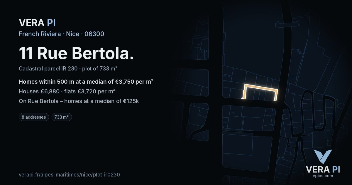 11 Rue Bertola, Nice at night – the plot lit, the parcels around coloured by the prices near them