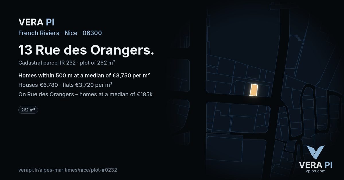 13 Rue des Orangers, Nice at night – the plot lit, the parcels around coloured by the prices near them