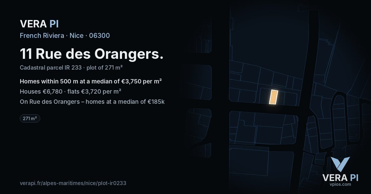 11 Rue des Orangers, Nice at night – the plot lit, the parcels around coloured by the prices near them