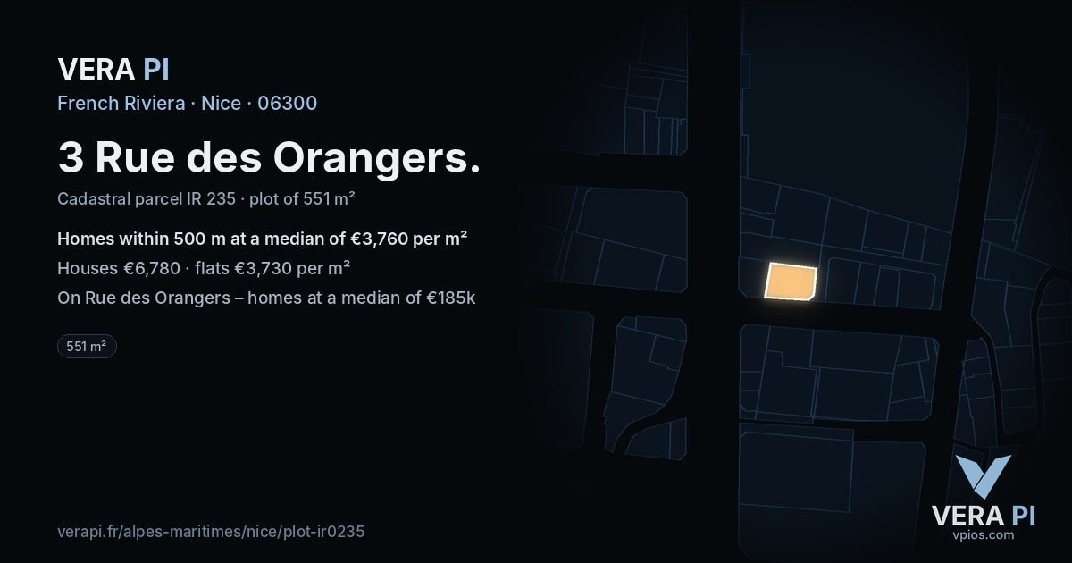 3 Rue des Orangers, Nice at night – the plot lit, the parcels around coloured by the prices near them
