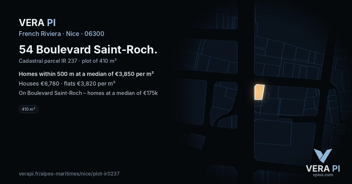 54 Boulevard Saint-Roch, Nice at night – the plot lit, the parcels around coloured by the prices near them