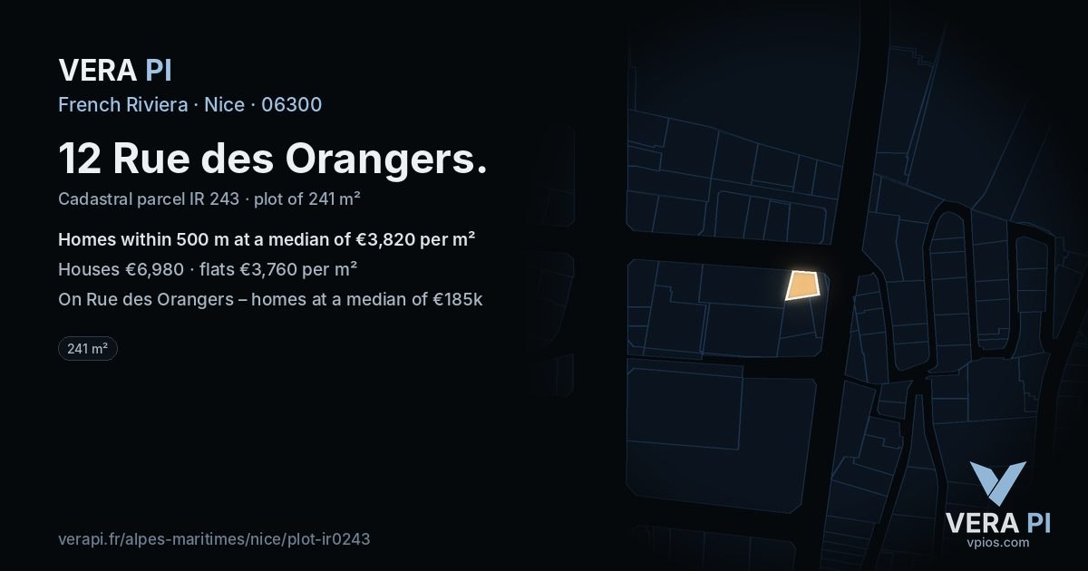 12 Rue des Orangers, Nice at night – the plot lit, the parcels around coloured by the prices near them