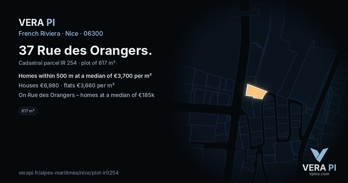 37 Rue des Orangers, Nice at night – the plot lit, the parcels around coloured by the prices near them