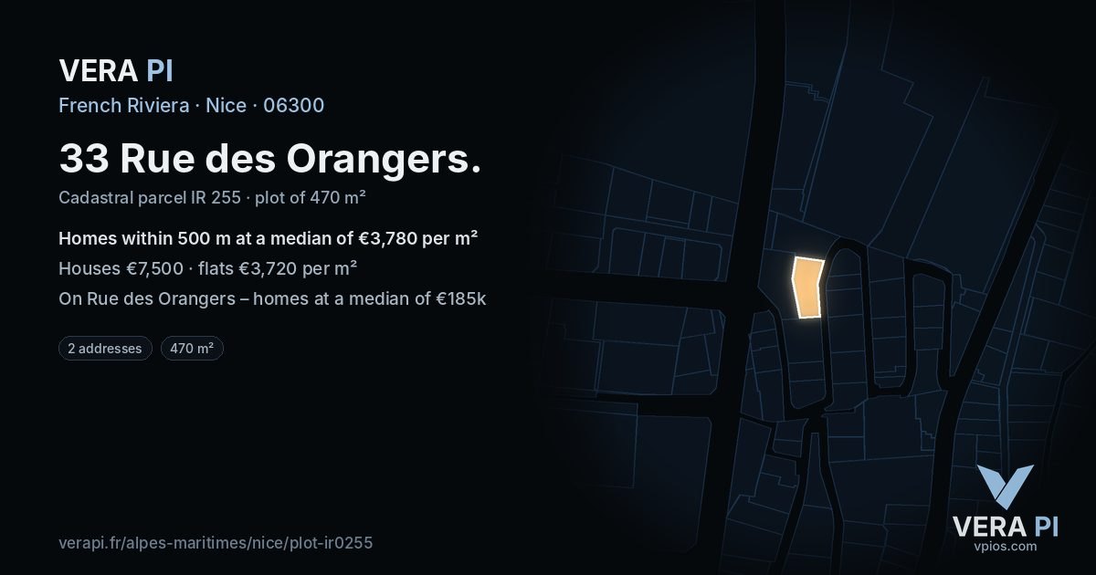 33 Rue des Orangers, Nice at night – the plot lit, the parcels around coloured by the prices near them