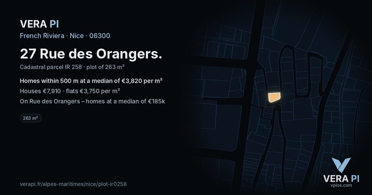 27 Rue des Orangers, Nice at night – the plot lit, the parcels around coloured by the prices near them