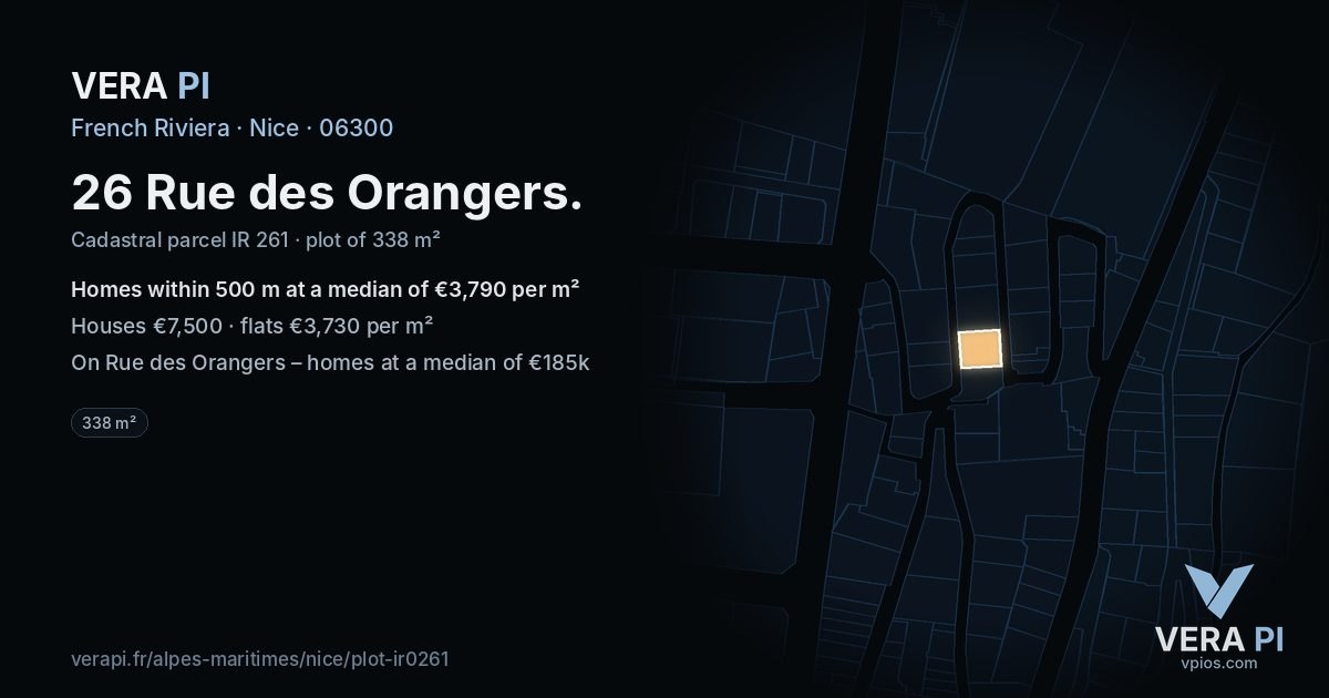 26 Rue des Orangers, Nice at night – the plot lit, the parcels around coloured by the prices near them