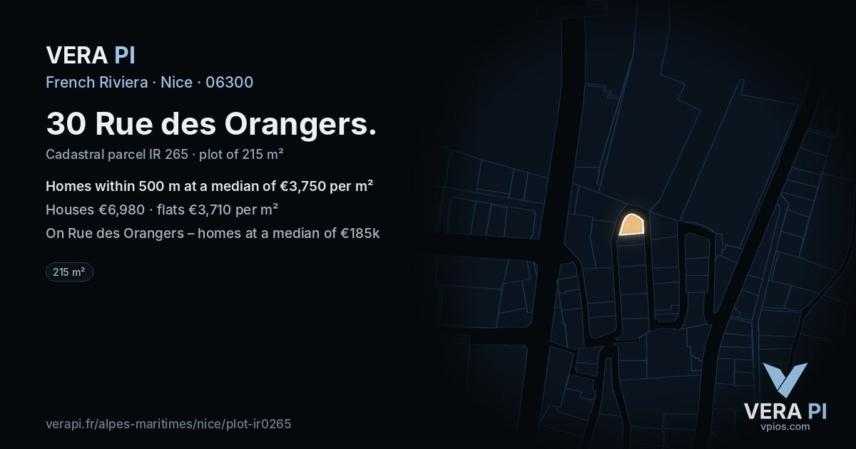 30 Rue des Orangers, Nice at night – the plot lit, the parcels around coloured by the prices near them