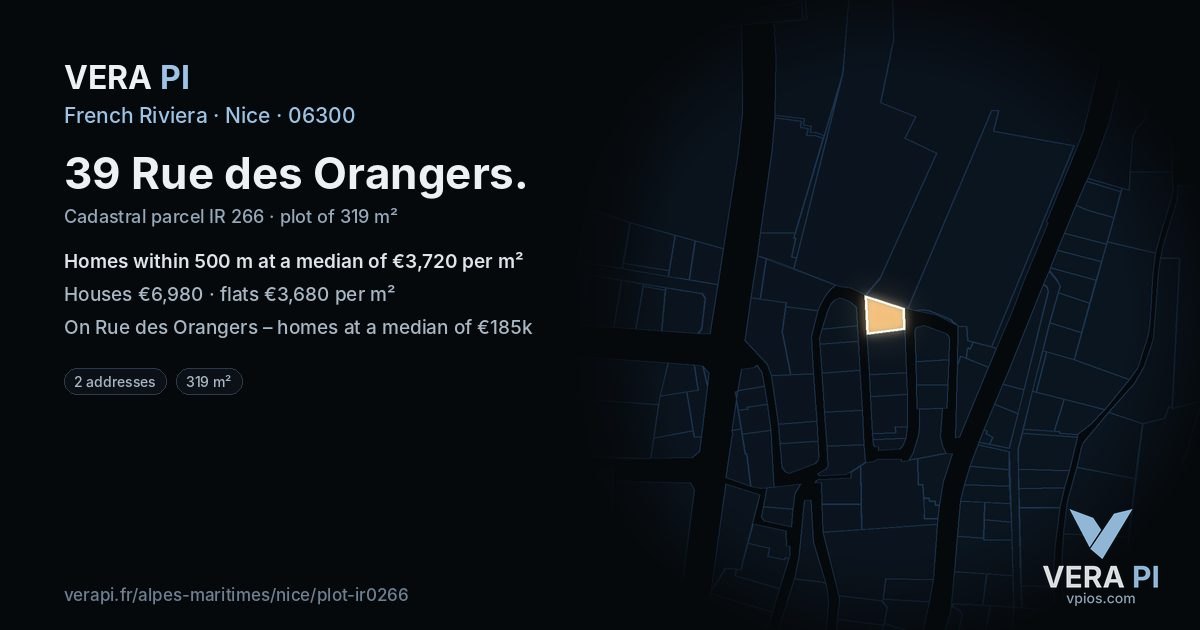 39 Rue des Orangers, Nice at night – the plot lit, the parcels around coloured by the prices near them