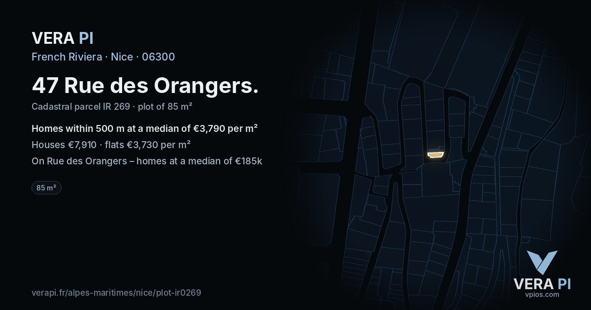 47 Rue des Orangers, Nice at night – the plot lit, the parcels around coloured by the prices near them