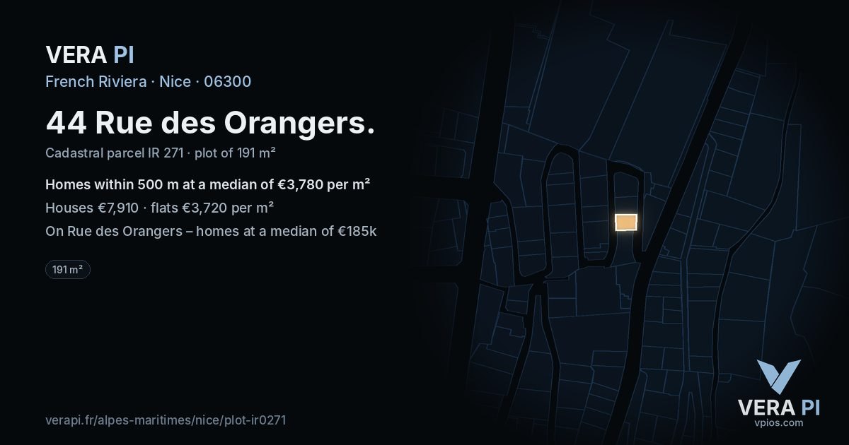 44 Rue des Orangers, Nice at night – the plot lit, the parcels around coloured by the prices near them