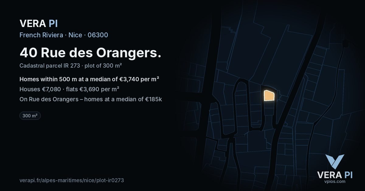 40 Rue des Orangers, Nice at night – the plot lit, the parcels around coloured by the prices near them