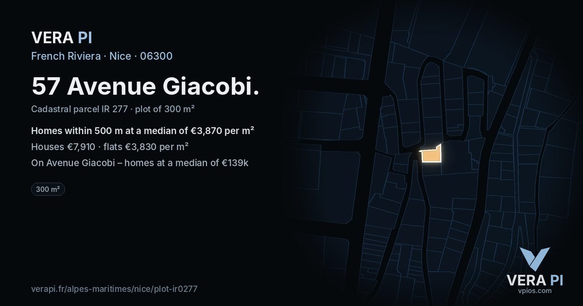 57 Avenue Giacobi, Nice at night – the plot lit, the parcels around coloured by the prices near them
