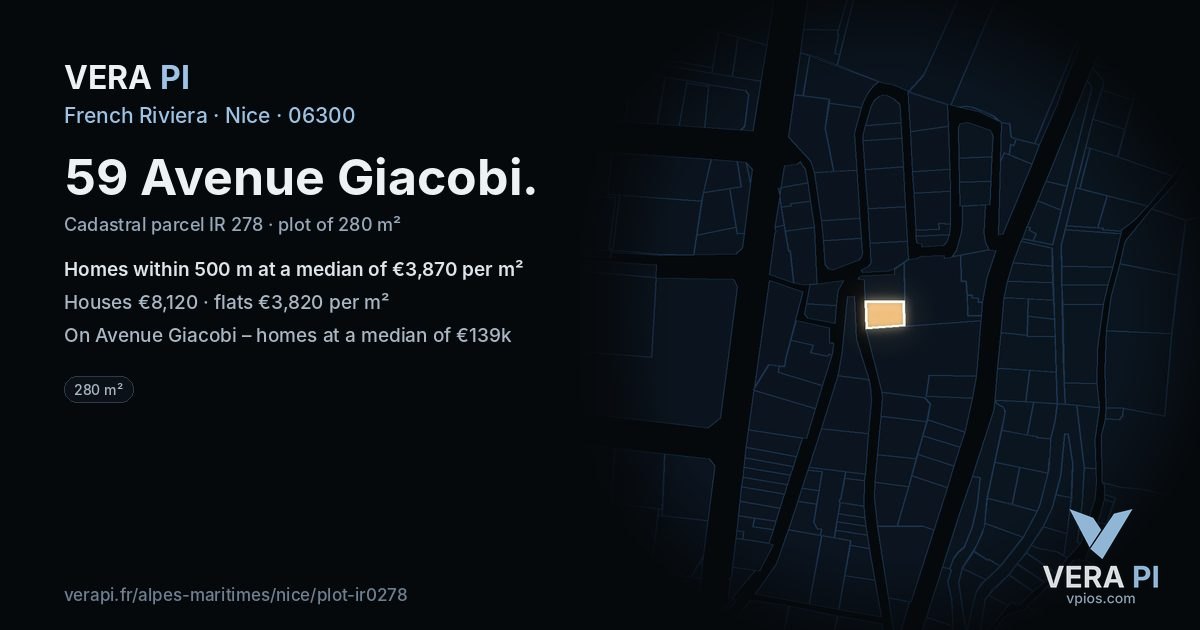 59 Avenue Giacobi, Nice at night – the plot lit, the parcels around coloured by the prices near them