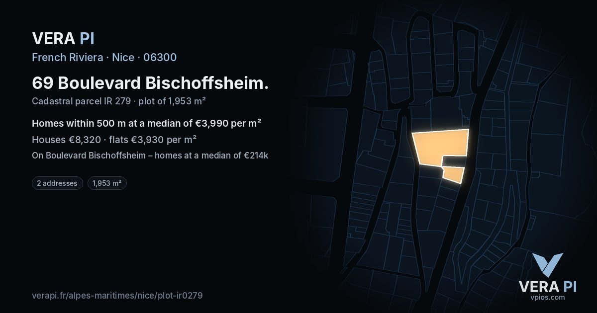 69 Boulevard Bischoffsheim, Nice at night – the plot lit, the parcels around coloured by the prices near them
