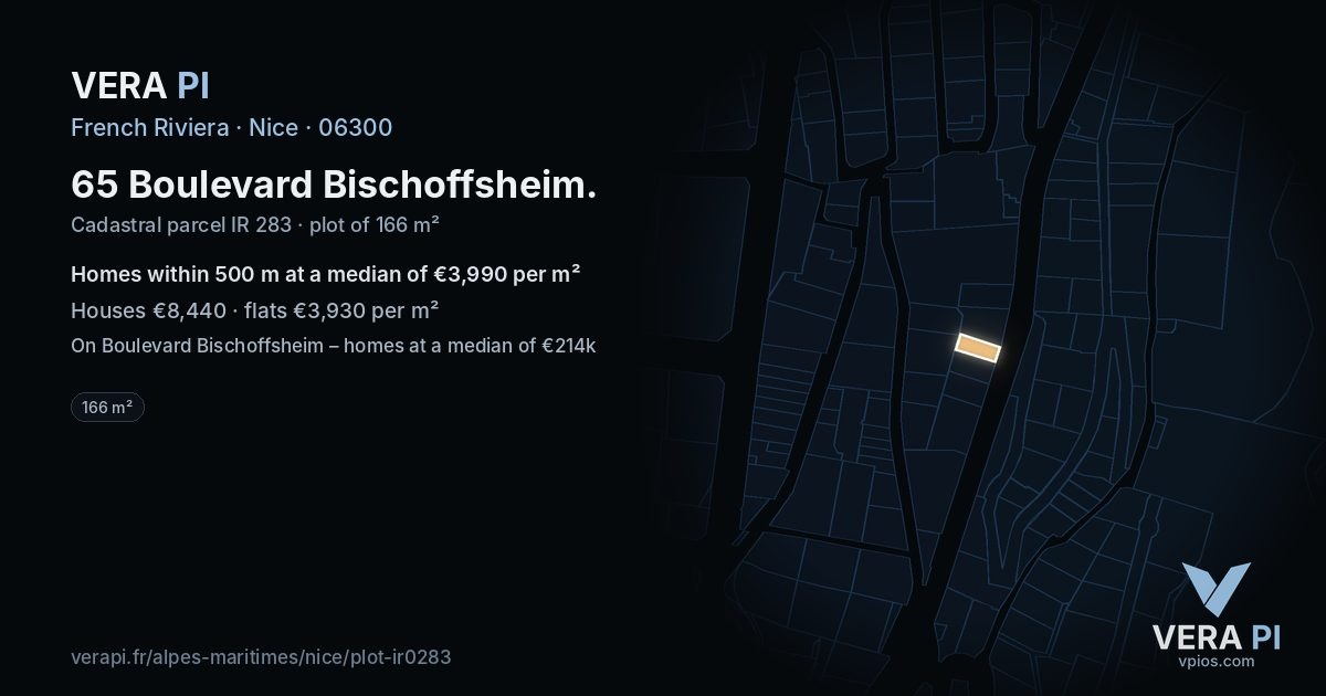 65 Boulevard Bischoffsheim, Nice at night – the plot lit, the parcels around coloured by the prices near them