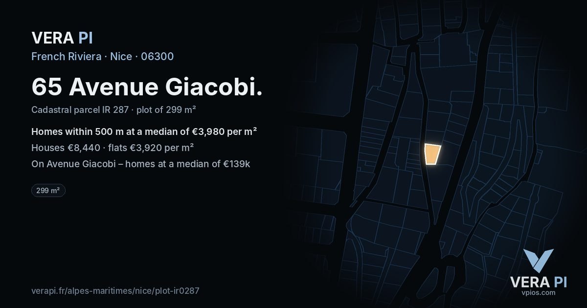 65 Avenue Giacobi, Nice at night – the plot lit, the parcels around coloured by the prices near them