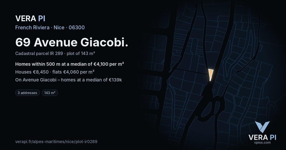 69 Avenue Giacobi, Nice at night – the plot lit, the parcels around coloured by the prices near them