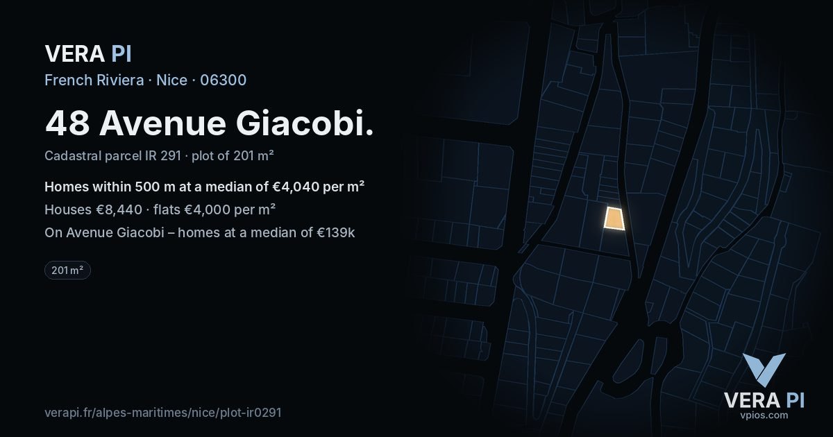 48 Avenue Giacobi, Nice at night – the plot lit, the parcels around coloured by the prices near them