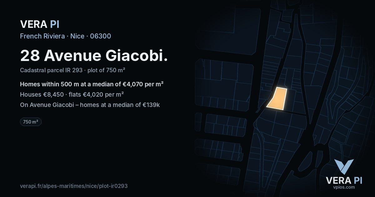 28 Avenue Giacobi, Nice at night – the plot lit, the parcels around coloured by the prices near them