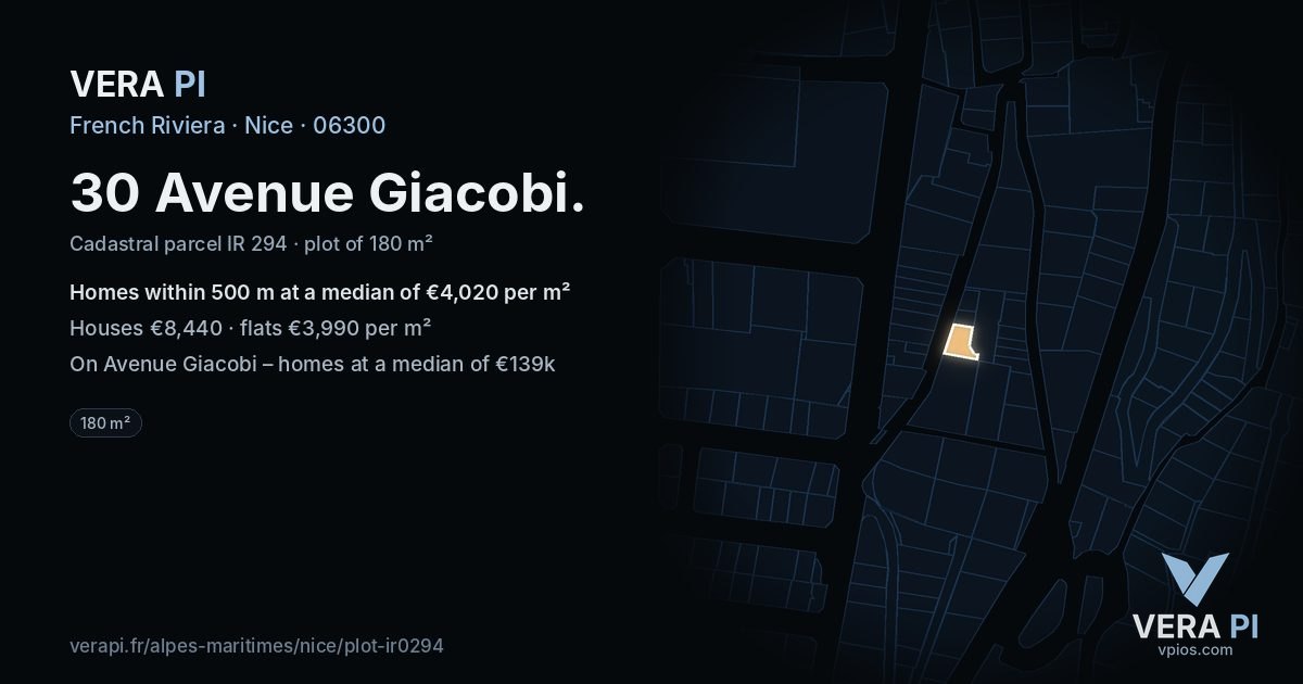 30 Avenue Giacobi, Nice at night – the plot lit, the parcels around coloured by the prices near them